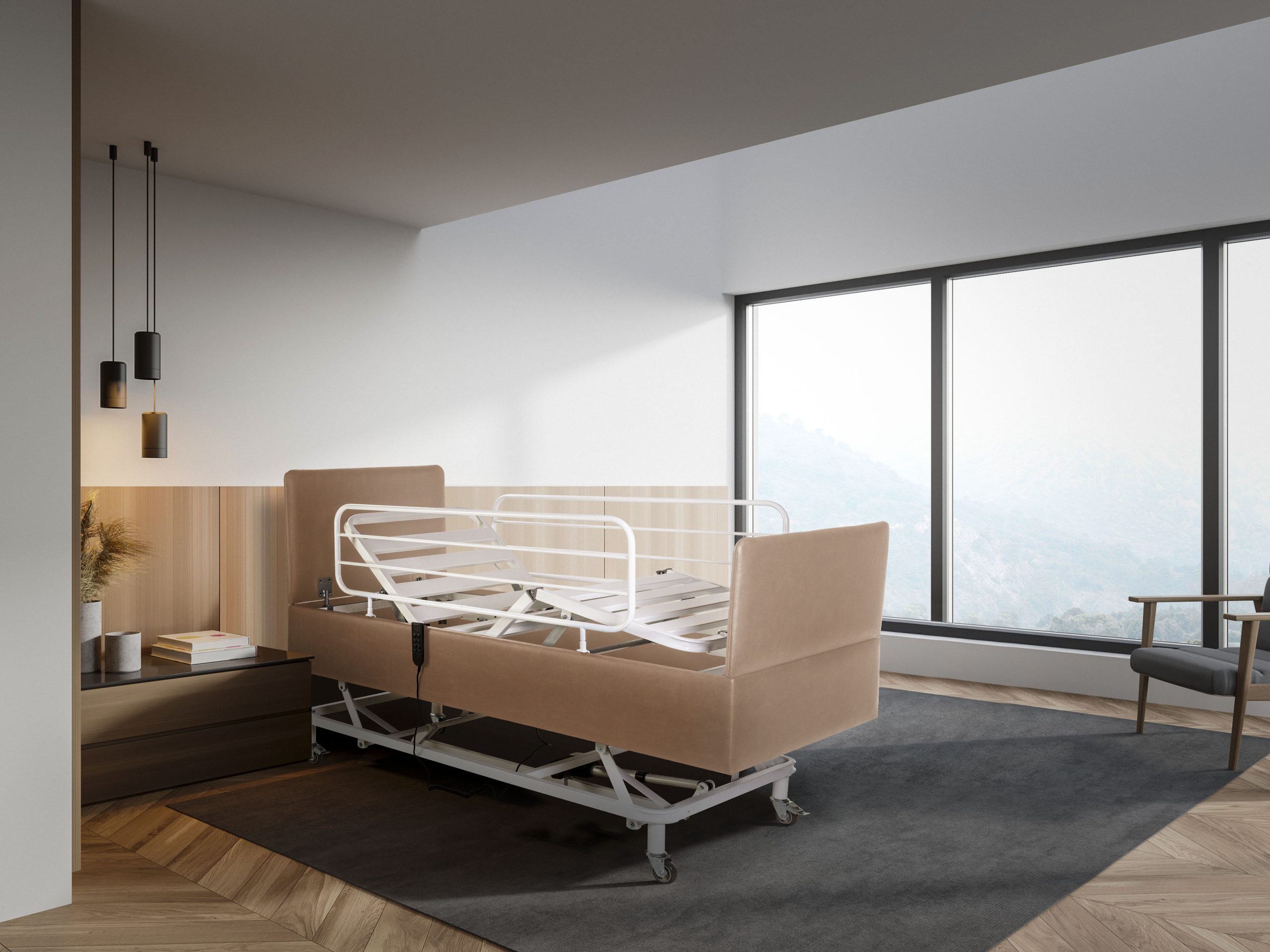 Modern bedroom with large open door to garden 3d render